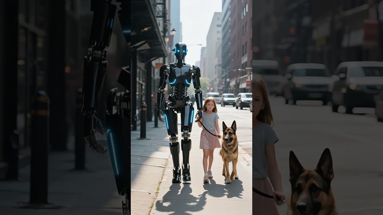 Robot humanoide y una niña pasean por la calle: innovación en robótica